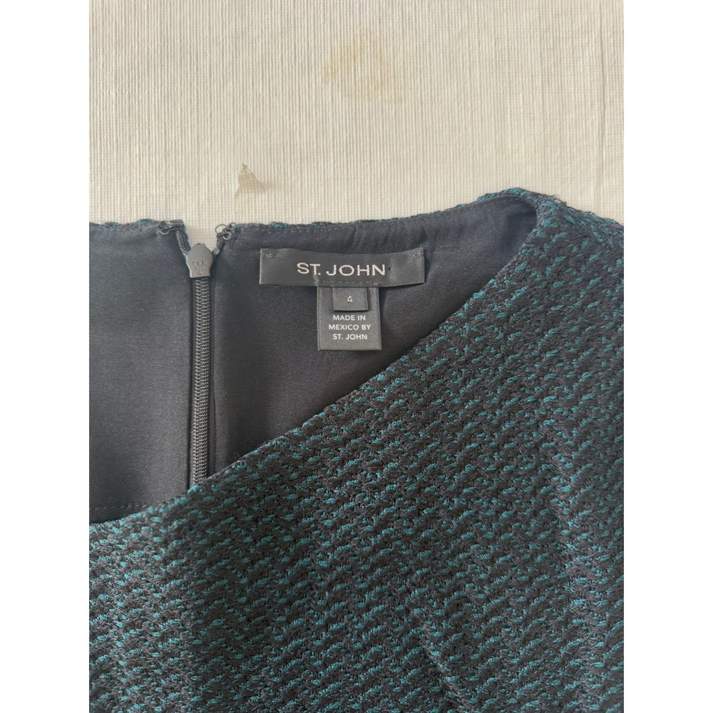 St. John Refined Textured Herringbone Fit & Flare Dress Petrol/Caviar Dress Sz 4 - Picture 4 of 9